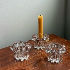 Set of 3 Clear Bubble Glass Candle Holders Vintage Reims France KIG Indonesia